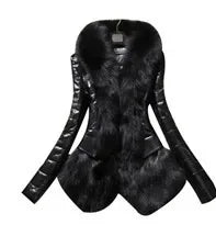Winter New Slim Imitation Fox Fur Collar Fur Pu Leather Long Sleeve Medium And Long Fashion Street Splicing Thin Coat - Matrix Studios