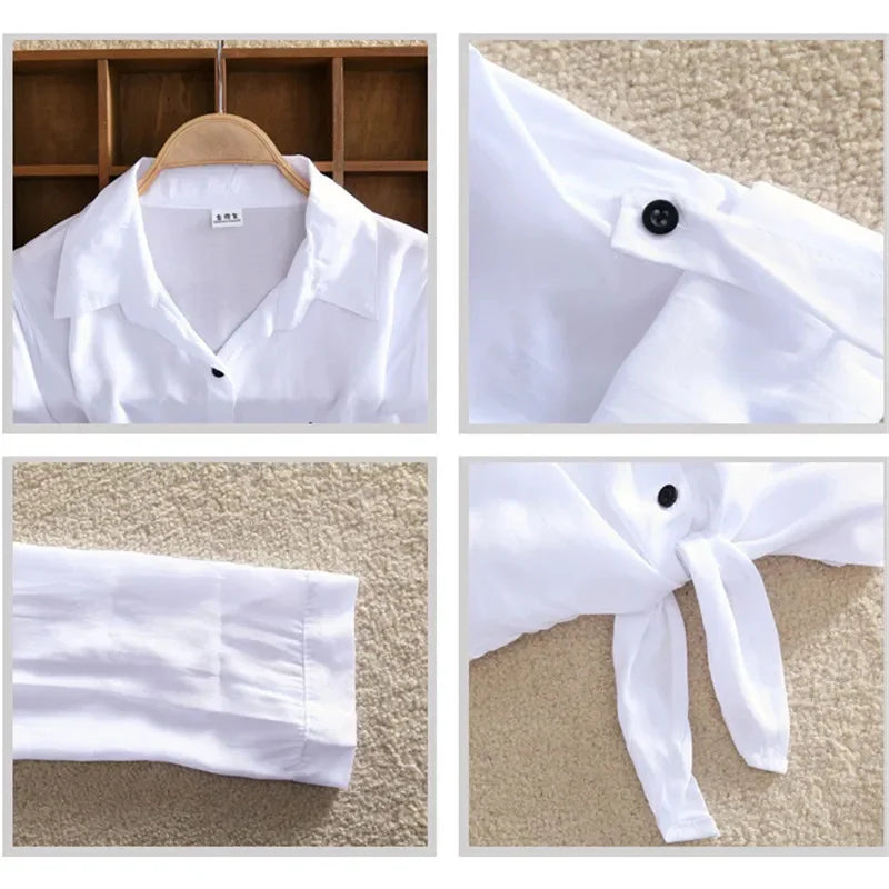 Women Spring Summer Casual Blouses Shirts Lady Long Sleeve Turn-down Collar Bow Tie Decor Loose Basics Shirts Tops - Matrix-studios.com
