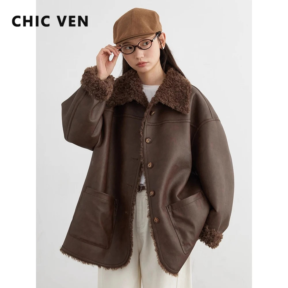 CHIC VEN Women Faux Leather Jacket Coat Loose Casual Reversible Mid Length PU Overcoat Retro Ladies Outerwear Autumn Winter 2025 - Matrix Studios