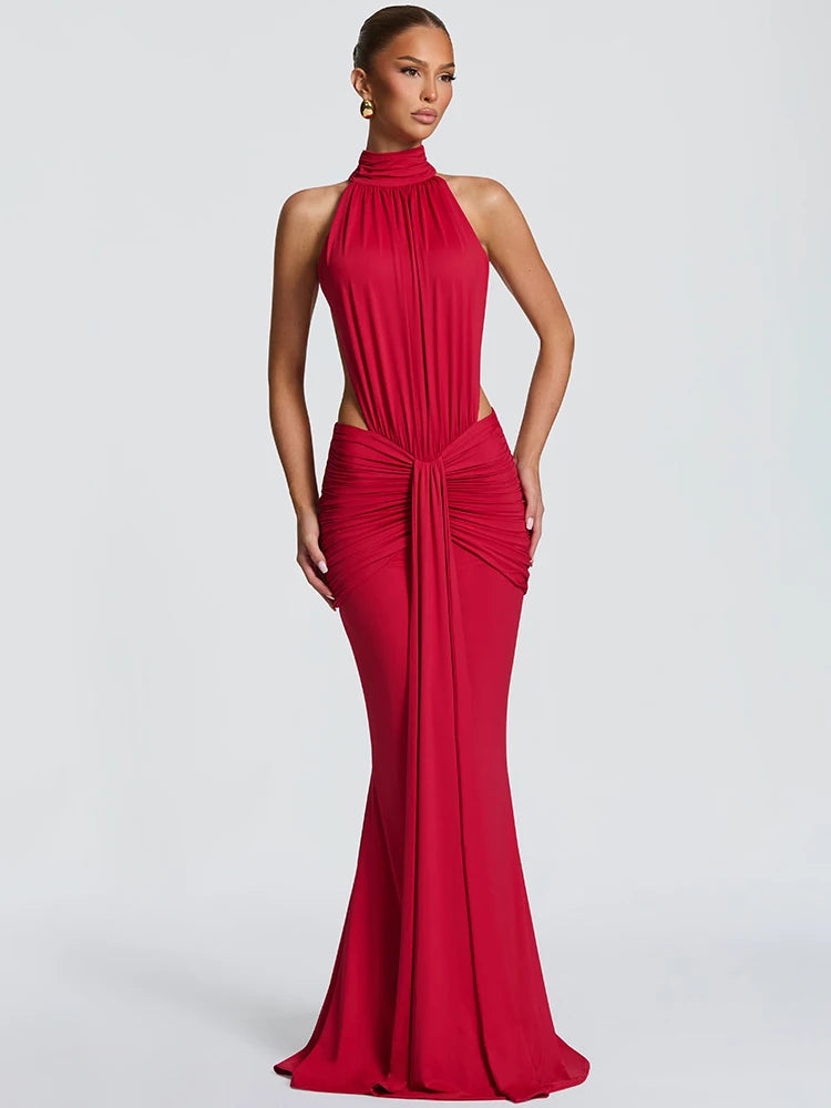 Mozision Turtleneck Backless Sexy Maxi Dress Women Gown Elegant Off-shoulder Sleeveless Ruched Bodycon Club Party Long Dress - Matrix-studios.com