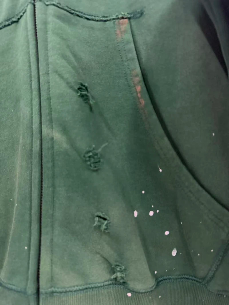 26ss Winter Green Oversize Street Outfit SATOSHI Jacket Washed Retro Distressed Splashed Ink Zipper Hoodie Men Women Loose Hoody - Matrix-studios.com