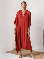 Swimsuit Cover Up Women Kaftan Beach Tunic Solid V Neck Elegant Summer Long Dress Loose Beachwear Bathing Suit Swimwear - Matrix Studios