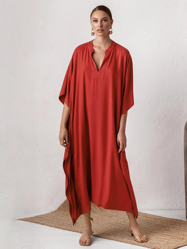 Swimsuit Cover Up Women Kaftan Beach Tunic Solid V Neck Elegant Summer Long Dress Loose Beachwear Bathing Suit Swimwear - Matrix Studios