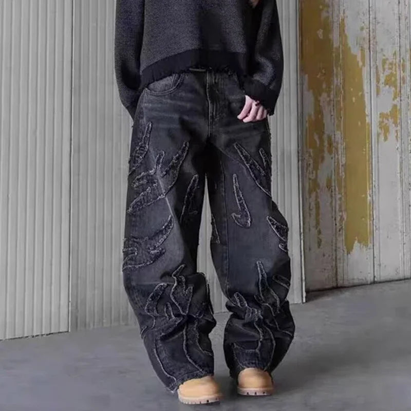 Men Baggy Aesthetic Streetwear Jeans Male Retro Fashion Wide Leg Denim Pants Graphic Embroidered Designer Hip Pop Denim Trousers - Matrix Studios