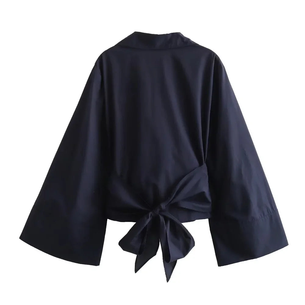 New Women's Fashion Casual Polo Neck Bow Tie up Short Edition Double Breasted Poplin Shirt - Matrix-studios.com
