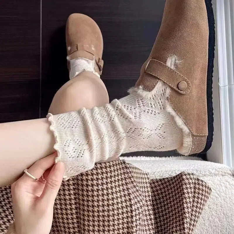 Autumn Women's Socks with Lace Trim Hollow-Out Mesh Breathable Slouch Solid Color Trendy and Versatile for Instagram Style Socks - Matrix Studios
