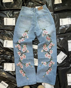 Hip Hop Cherry Blossom Embroidered Jeans Vintage Low Waist Wide Leg Trousers Y2K Clothes Mens Womes Embroidered Baggy Jeans - Matrix Studios