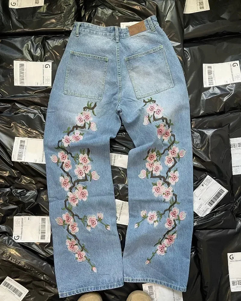 Hip Hop Cherry Blossom Embroidered Jeans Vintage Low Waist Wide Leg Trousers Y2K Clothes Mens Womes Embroidered Baggy Jeans - Matrix Studios