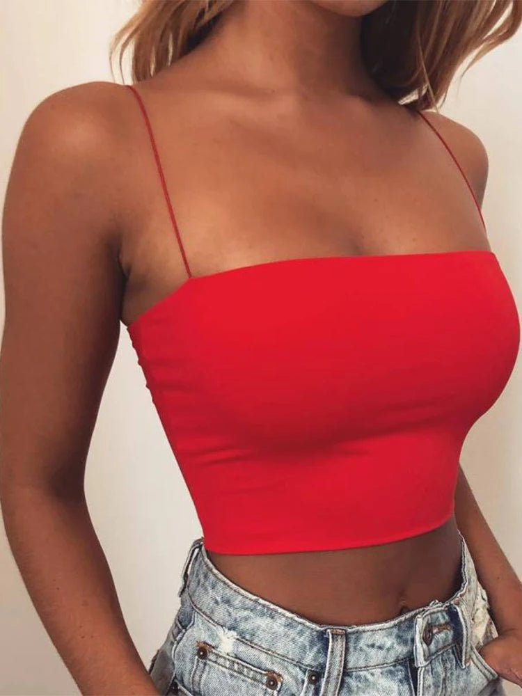 2024 New Fashion Women Spaghetti Strap Crop Top Sexy Bodycon Sleeveless Cami Tube Top Basic Plain Camisole - Matrix-studios.com