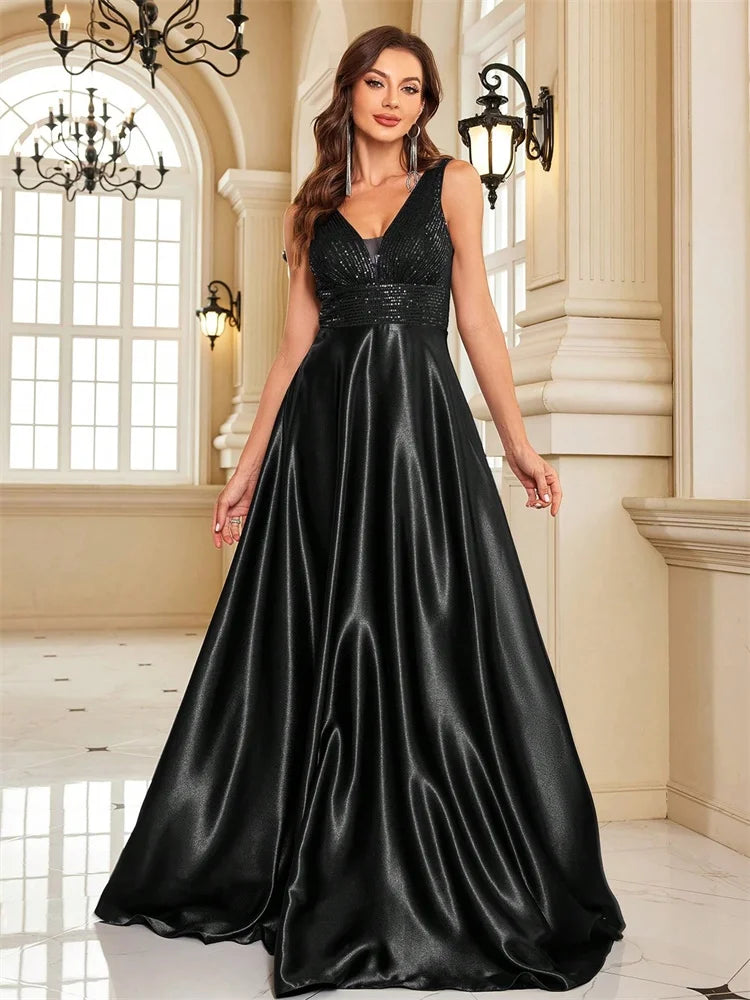 Elegant Sequins Evening Dress For Women 2024 Deep V-neck Satin Prom Party Green Dress Floor Length Blue Formal Gowns - Matrix-studios.com