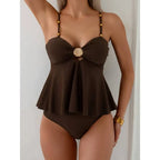 Cikini 2pcs Women Summer Elegant Resort Brown Shell Metallic Beaded Tankini With Cover Up Swimwear Set - Matrix-studios.com