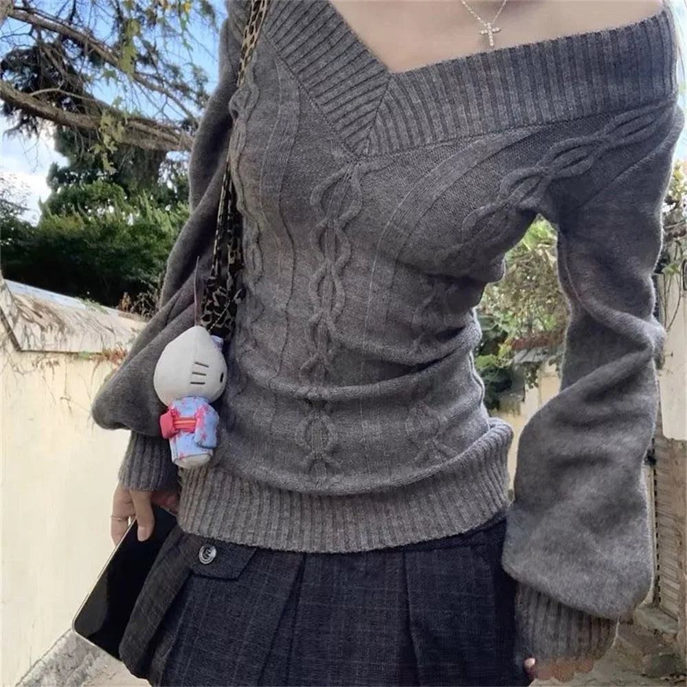 Fashion Vintage V-neck Knitted Tops Women 2025 Early Autumn New Sweaters Pullover Slim Long Sleeve Pullovers Sexy Gray Jumpers - Matrix Studios