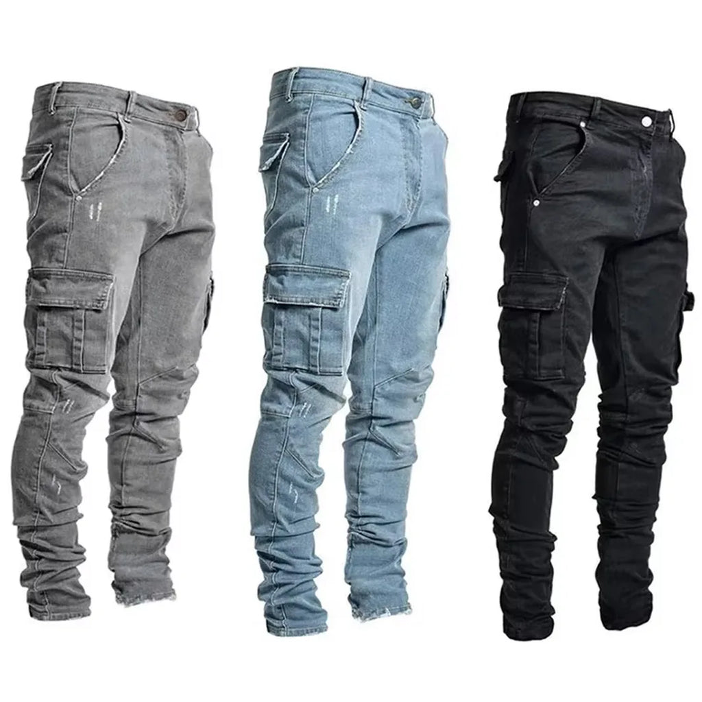 Men Casual Pencil Jeans Male Elastic Multi Pocket Small Slim High Street Denim Pants Wash Solid Color Mid Waist Cargo Jeans - Matrix Studios