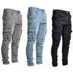 Men Casual Pencil Jeans Male Elastic Multi Pocket Small Slim High Street Denim Pants Wash Solid Color Mid Waist Cargo Jeans - Matrix Studios