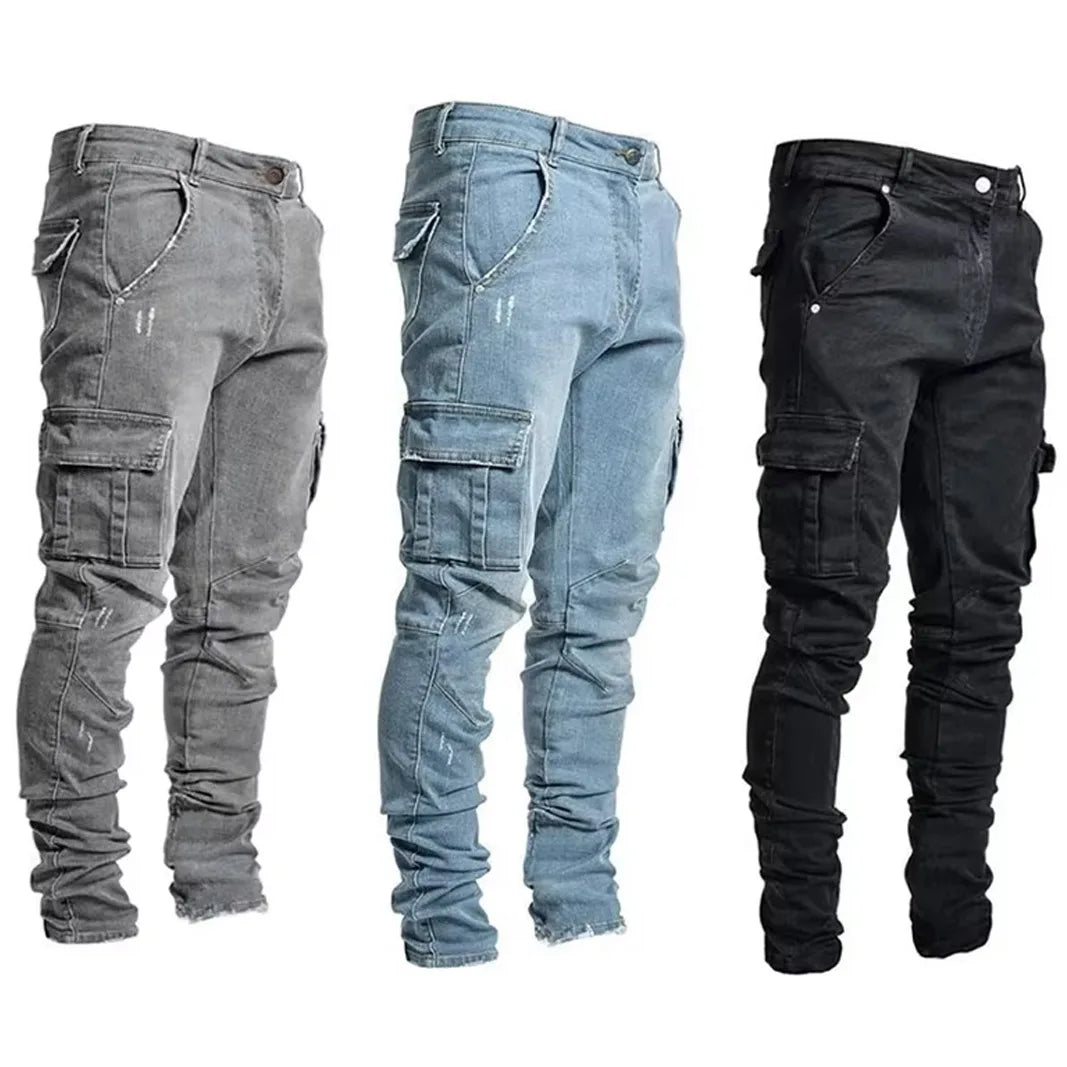 Men Casual Pencil Jeans Male Elastic Multi Pocket Small Slim High Street Denim Pants Wash Solid Color Mid Waist Cargo Jeans - Matrix Studios