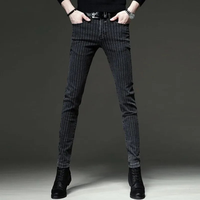 Men's Striped Slim Stylish Casual Pencil Pants Jeans Spring Autumn Korean Trendy Fashion Brand New Elastic Striped Long Trousers - Matrix Studios