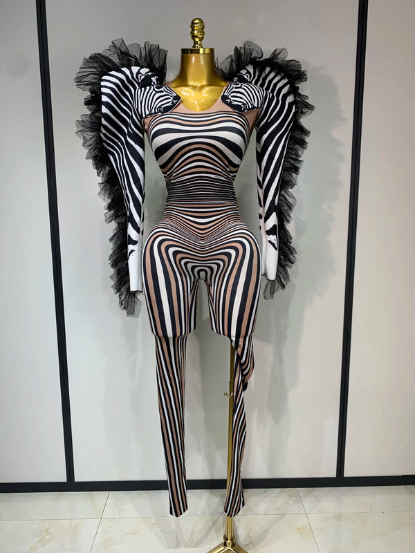 Women Long Sleeve Zebra Stripes Bodycon Jumpsuit Two Piece Set Birthday Party Nightclub Stage Performance Halloween Rompers - Matrix Studios