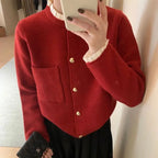 Women Clothing Autumn New Love Button Pleated Collar Knitted Cardigan Jacket Female Lazy Style Sweet Korean Fashion Sweater Tops - Matrix Studios