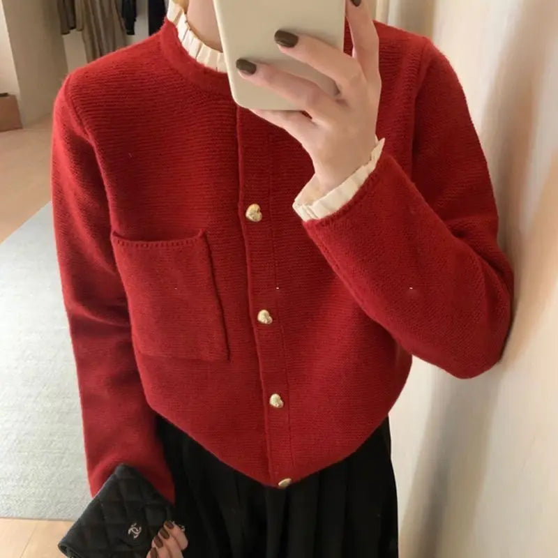 Women Clothing Autumn New Love Button Pleated Collar Knitted Cardigan Jacket Female Lazy Style Sweet Korean Fashion Sweater Tops - Matrix Studios