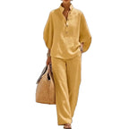 Fashion Cotton Linen  Pant Set  Women's Casual Stand Collar Button Top Wide Leg Trousers 2-piece Set Retro Female Office Suit - Matrix-studios.com