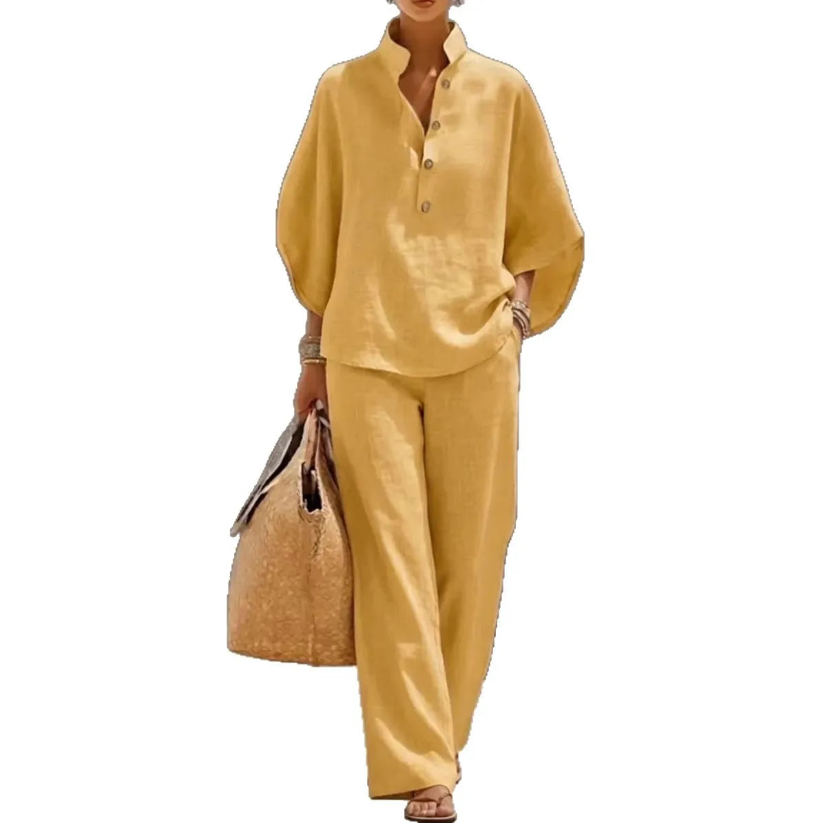 Fashion Cotton Linen  Pant Set  Women's Casual Stand Collar Button Top Wide Leg Trousers 2-piece Set Retro Female Office Suit - Matrix-studios.com