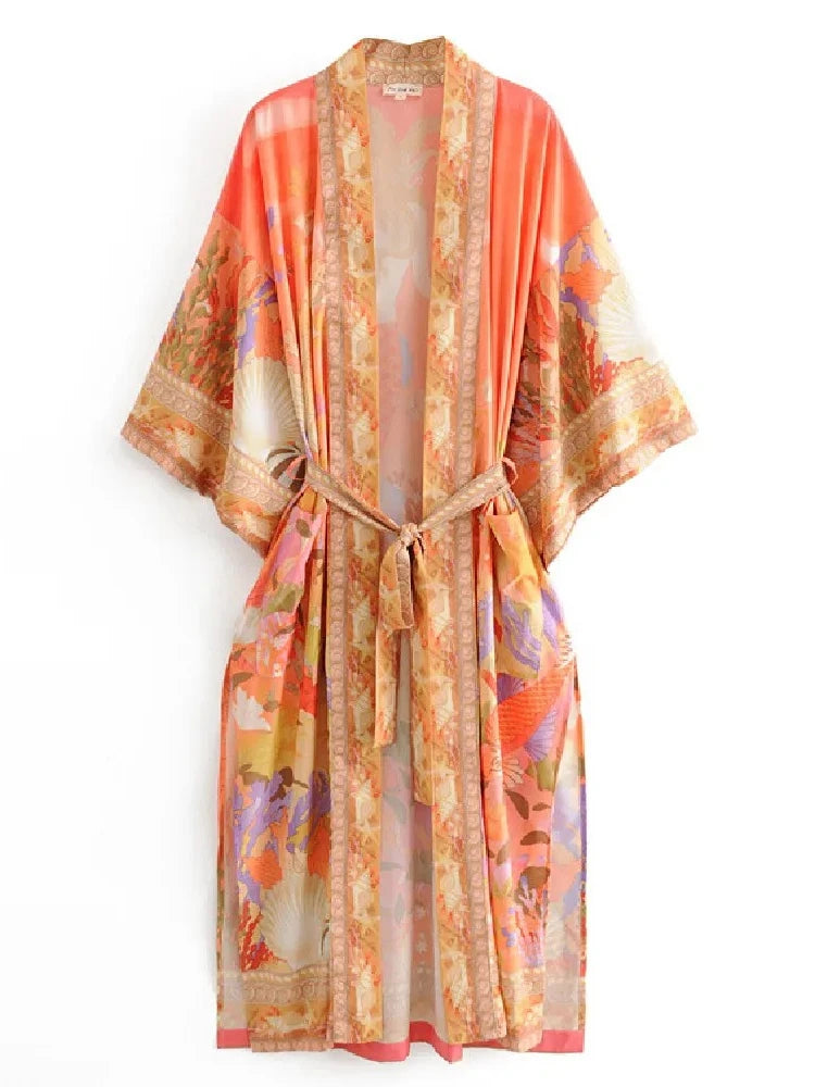 Bohemian Printed Bikini Cover-ups Green Tunic Long Kimono Cardigan Plus Size 2023 Women Beach Wear Swim Suit Cover Up A155 - Matrix Studios