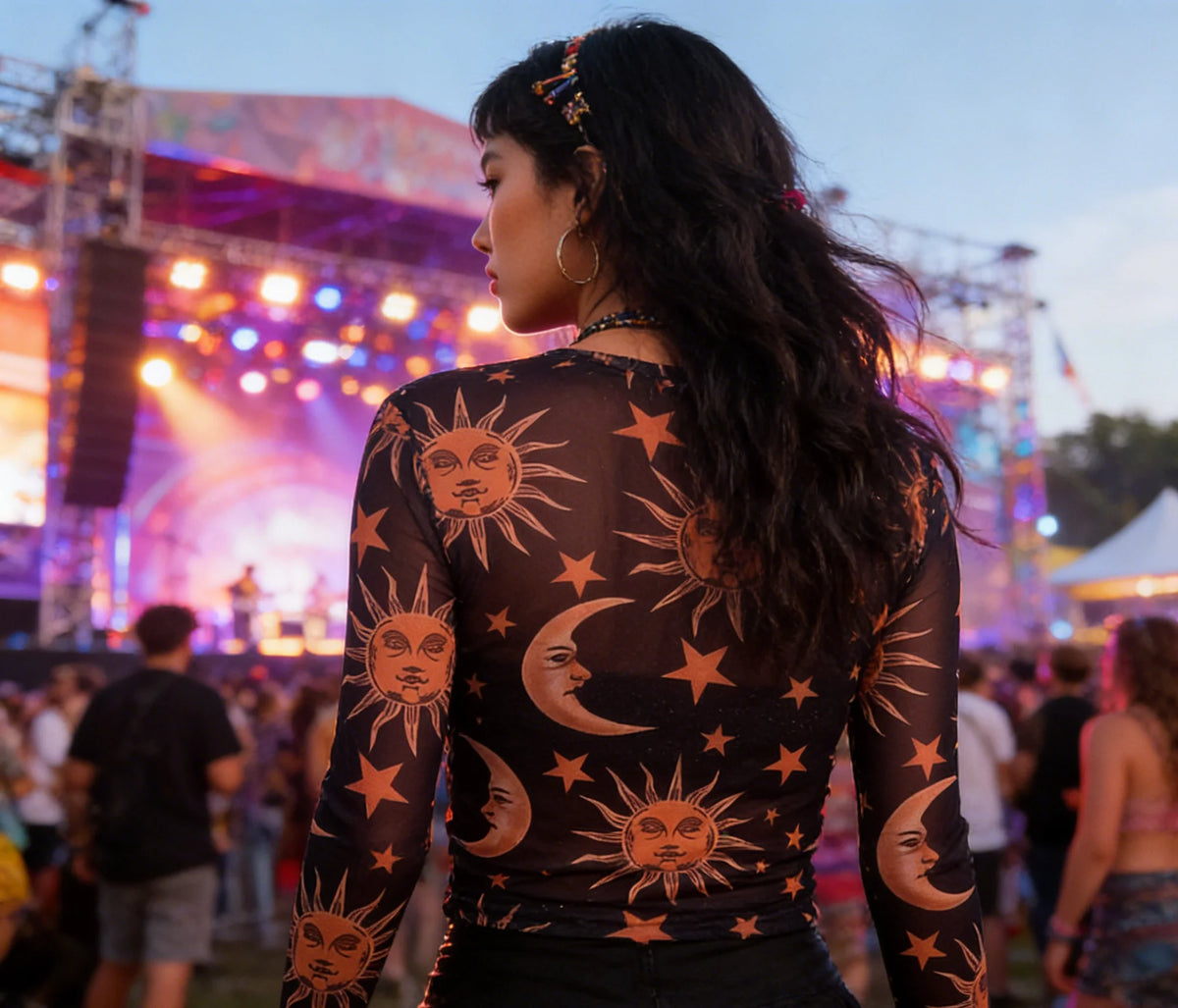 Women's New Style Black-and-White Sun-and-Moon Print Sheer Mesh T-Shirt Sheer Mesh Round Neck Base Layer T-Shirt - Matrix-studios.com