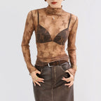 Women Elegant High Neck Polka Dot Blouse Mesh Lace Stitching Puff Long Sleeve Shirt Slim Fit Office Ladies Fashion Daily Tops - Matrix-studios.com