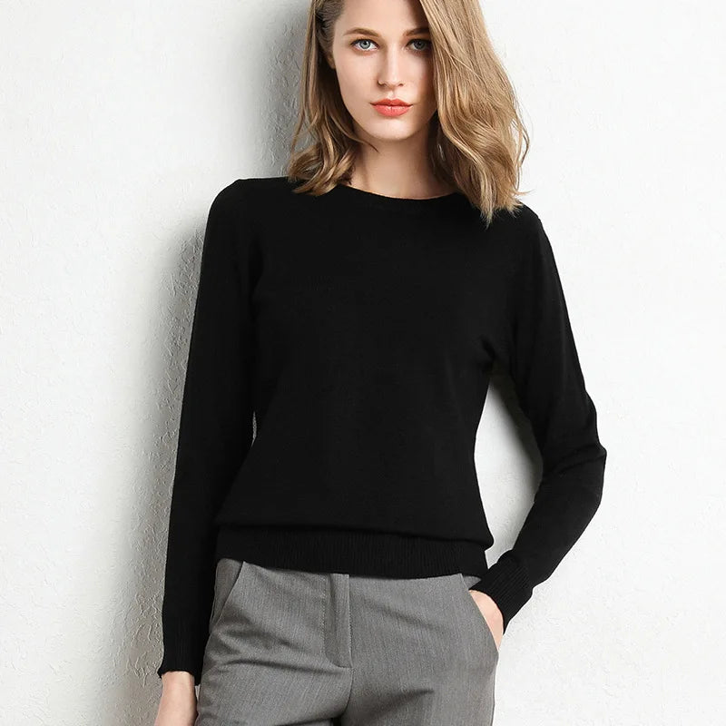 Women Slim O-Neck Pullover Cashmere Wool Blending Sweater Autumn And Winter Long-Sleeved Knit Bottoming Shirt Large Size 2024 - Matrix Studios