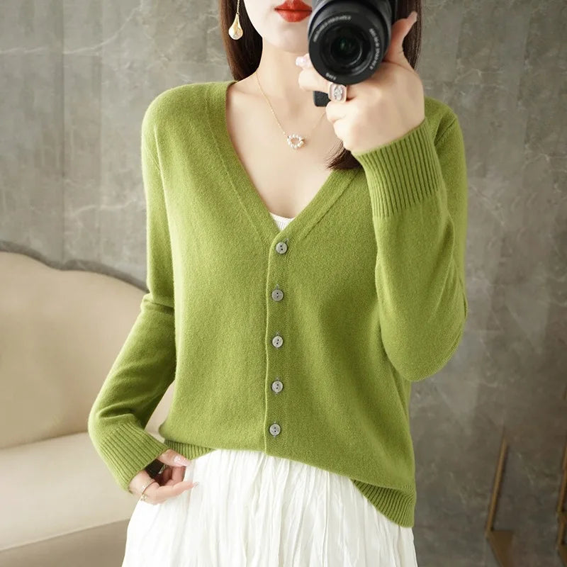 Cardigans Women 2025 Autumn Single Breasted V-neck Knitted Sweater Fashion Short Knitwear Solid Blue Green Pink Women's Jumpers - Matrix Studios