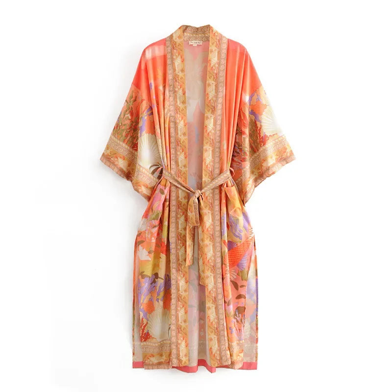 Boho Queens Vintage Chic Fashion Women Floral Print Bat Sleeve Bohemian Kimono Ladies V Neck Summer Beach Robe Bikini Cover-ups - Matrix Studios