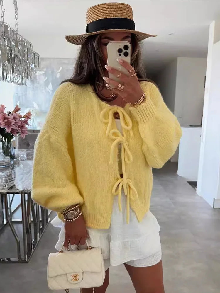 Solid Color O-neck Lace-up Knitted Cardigan Women 2025 Autumn Winter Streetwear Casual Simplicity Sweater Coats - Matrix Studios