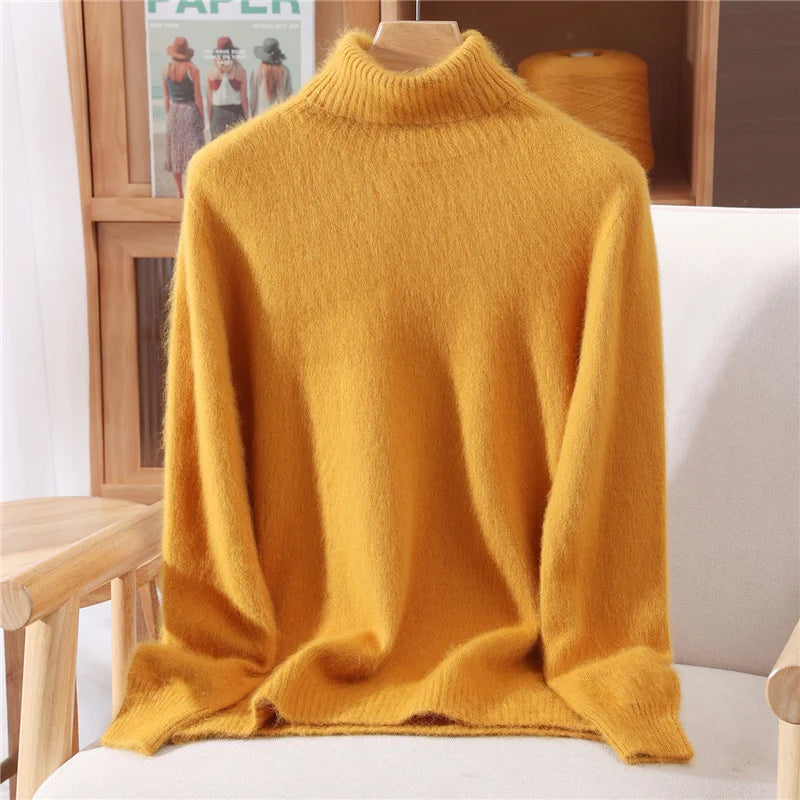 Autumn And Winter New 100% Mink Cashmere Sweater Ladies' High Lapel Solid Color Padded Pullover Wool Knitted Bottoming Shirt - Matrix Studios