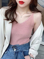 Korea Summer Tops 2026 New Solid V-Neck Elastic Knitted Suspender Camis Women's Tanks Clothing Basics Shirt - Matrix-studios.com
