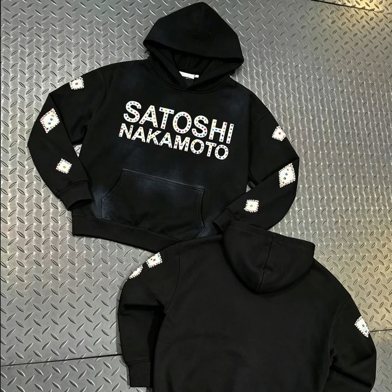 SATOSHI Hoodies Pullover 26ss Vintage Embroidery Leather Pattern Glittering Diamond Print Men's Hooded Hip Hop Style Sweatshirts - Matrix-studios.com