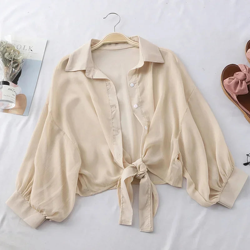 Casual Loose Hollow White Clothes Elegant Solid Color Tied Waist Blouse Women Summer Bat Half Sleeve Button Chiffon Shirt - Matrix-studios.com