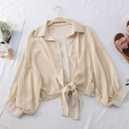 Casual Loose Hollow White Clothes Elegant Solid Color Tied Waist Blouse Women Summer Bat Half Sleeve Button Chiffon Shirt - Matrix-studios.com