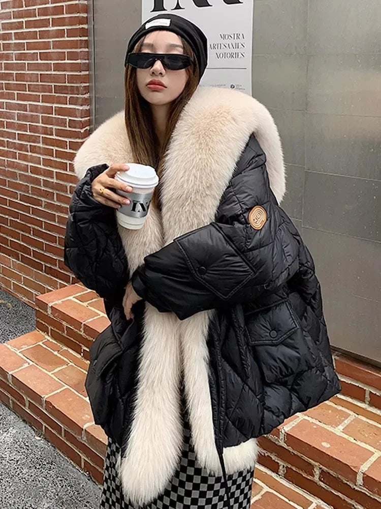 2024 Luxury Fox Fur Collar Long Coats 2024 Women Winter Soft Warm Loose Jacket Puffer Parka Female Windproof Snow Outwear Coats - Matrix Studios