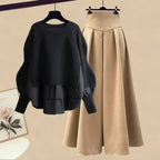 2026 Spring/Autumn New Korean Elegant Splice Fake Two Piece Knitted Sweater Dress Matching Set Women's Chic Pullover Skirt Set - Matrix-studios.com