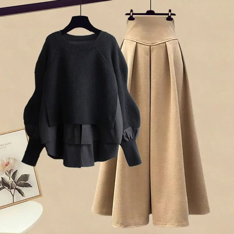 2026 Spring/Autumn New Korean Elegant Splice Fake Two Piece Knitted Sweater Dress Matching Set Women's Chic Pullover Skirt Set - Matrix-studios.com