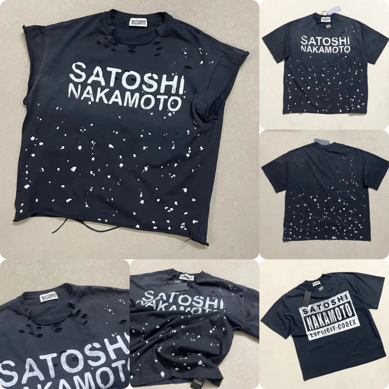 Ripped Hole Satoshi Nakamoto T-shirt High Quality Splash-ink Pattern Short Sleeve Retro Casual Loose Round Neck T Shirts - Matrix-studios.com
