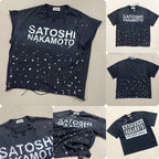 Ripped Hole Satoshi Nakamoto T-shirt High Quality Splash-ink Pattern Short Sleeve Retro Casual Loose Round Neck T Shirts - Matrix-studios.com