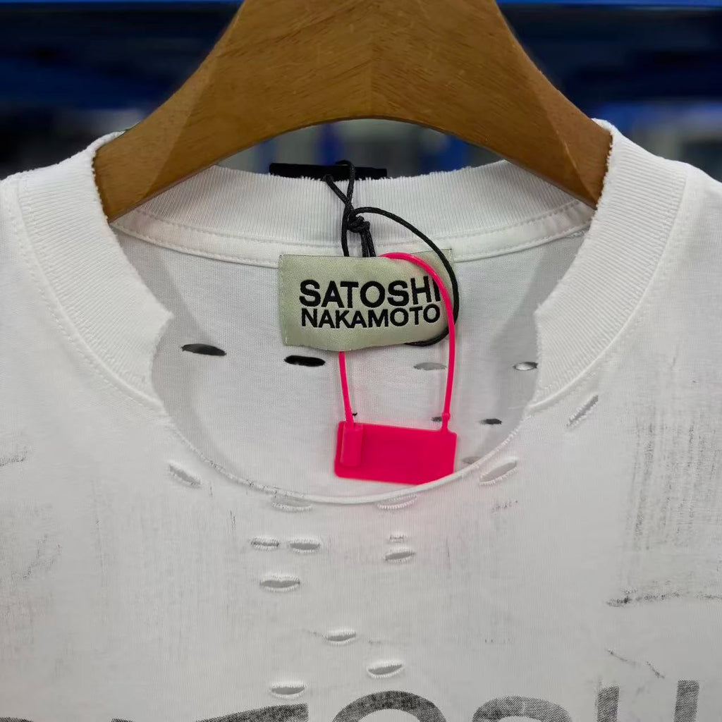 Satoshi Nakamoto T-shirt 26SS Destroyed Washed White Letter Print Vintage Ripped Short-Sleeved T Shirts Men Women Streetwear - Matrix-studios.com