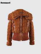Nerazzurri Autumn Winter Chic Warm Pu Leather Patchwork Faux Fur Coat Women Zip Up Luxury Designer Clothes Fuzzy Fluffy Jacket - Matrix Studios