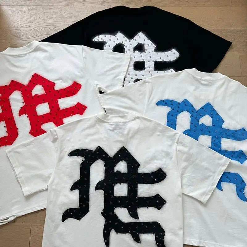 MIXED EMOTION Shirt Rhinestone Short Sleeve Men Women T-shirt Streetwear 100% Cotton Loose Round Neck Top Tees Oversized Tee Top - Matrix Studios