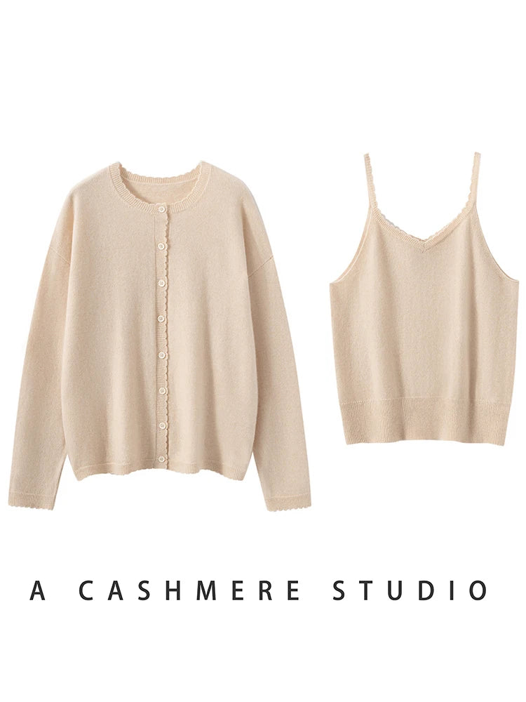 CHICUU Women's 100% Cashmere Sweater Vest Cardigan Set O-neck Long Sleeve Cardigan tank Vest Grace Simple Cashmere Knitted Suit - Matrix Studios