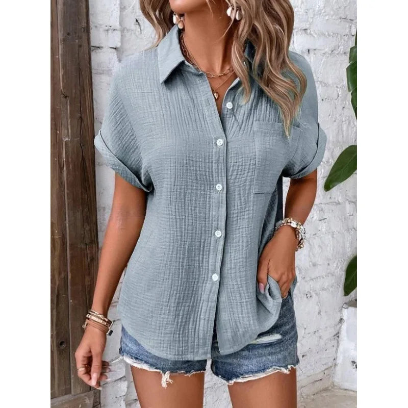 Women Casual Cotton Blouse Vintage Summer Short Sleeve Slim Shirt Elegant Turn Down Collar Solid Tunics Harajuku Streetwear Tops - Matrix-studios.com