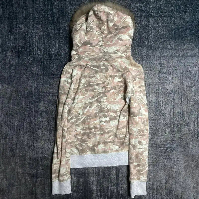 Streetwear Y2K Zip up hoodie Dark Faux Fur Collar Camouflage Rock Goth Zipper Hoodie sweatshirt Punk Hip Hop Jacket Vintage EMO