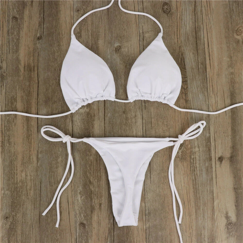 Women Tie Sexy Thong Bikini Set Side Swimsuit Bandage Style Brazilian Swimwear Split Strap Adjustable Solid Female Swimsuit Set - Matrix-studios.com