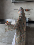 Middle Eastern Elegant Arabic Traditional Cardigan Long-Sleeved Floral Print Abaya Robe with Headscarf - Matrix-studios.com